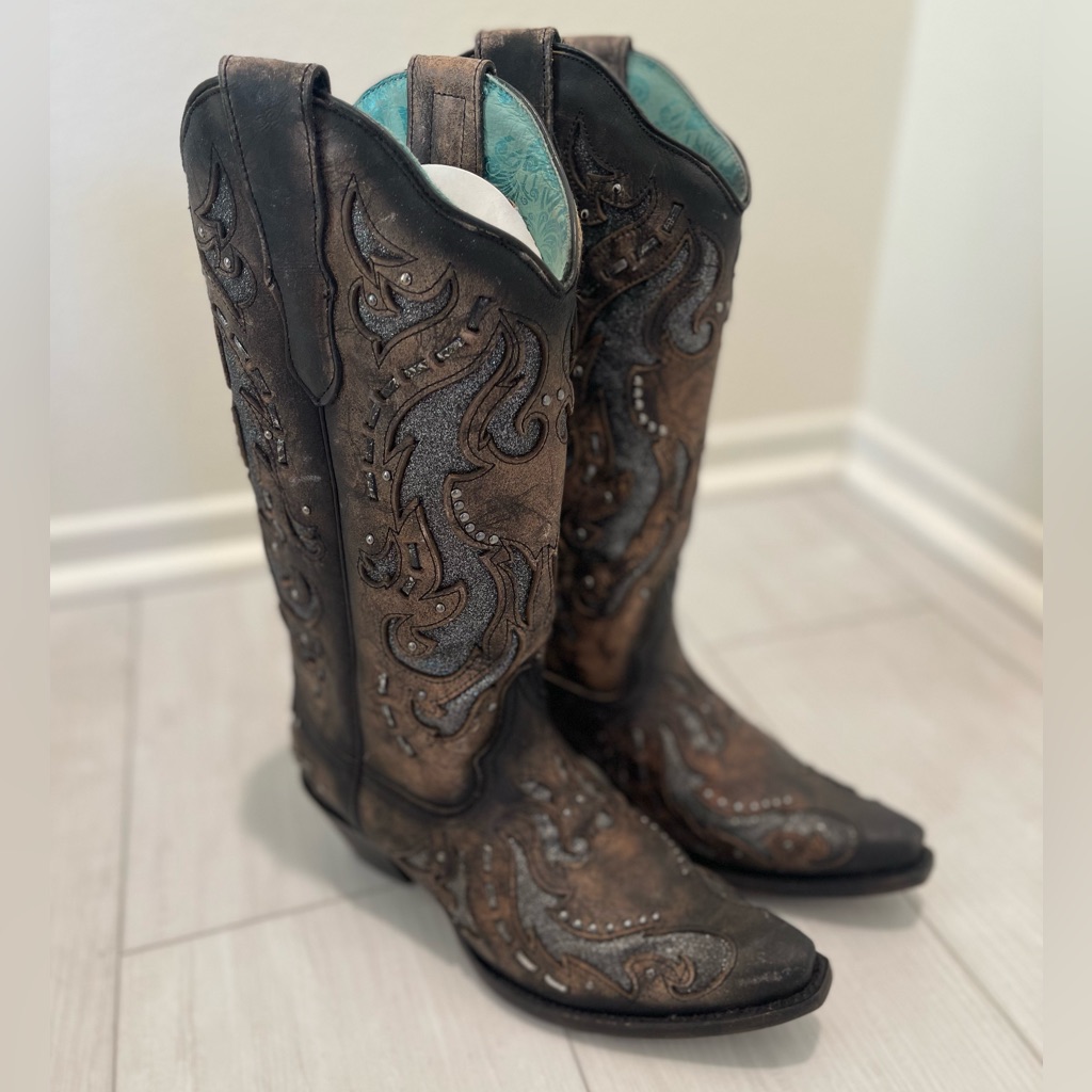 Corral Inlay Glitter Stud Cowgirl Boots Snip Toe